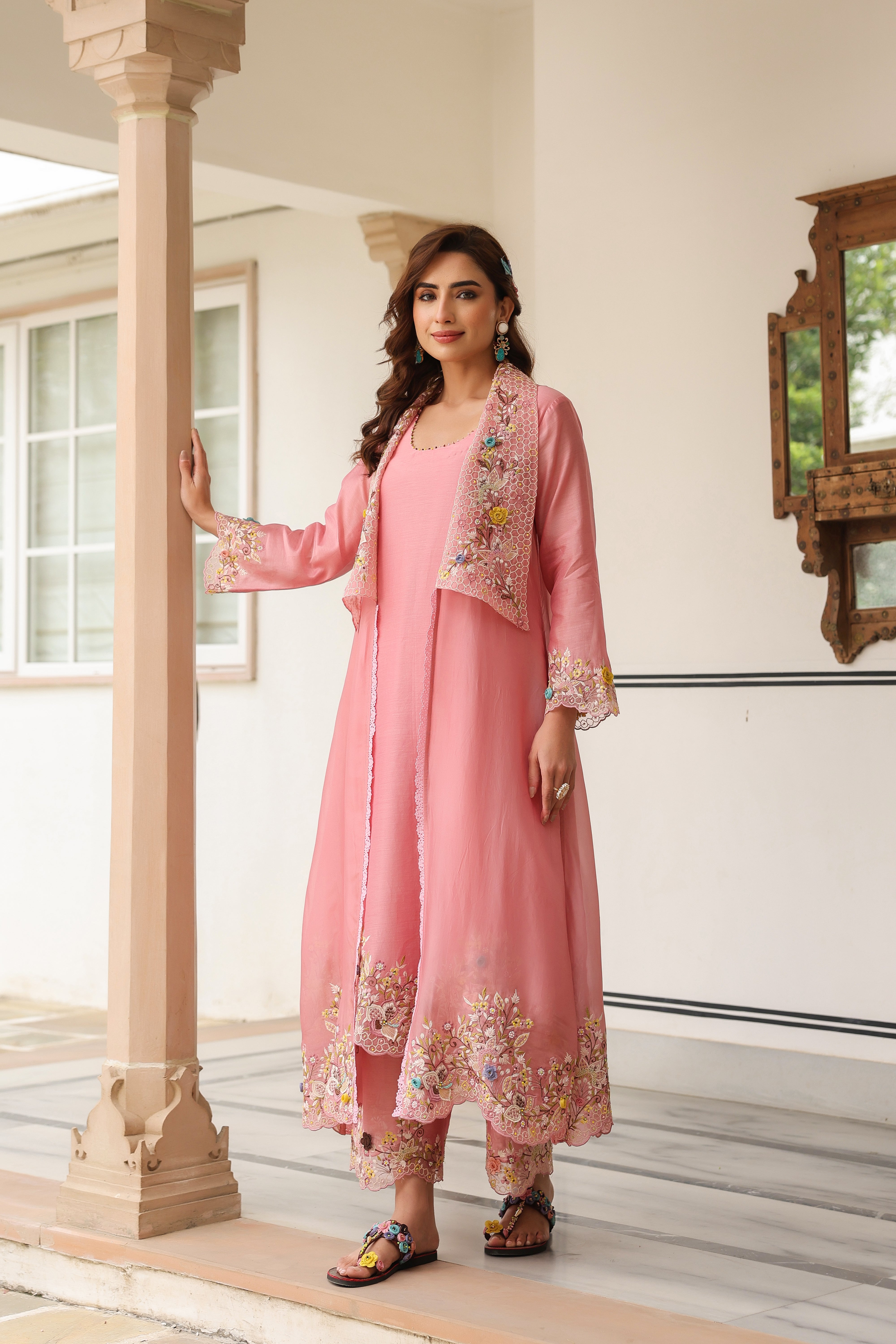 Pink Heavy Jacket Style Reet Kurta Set