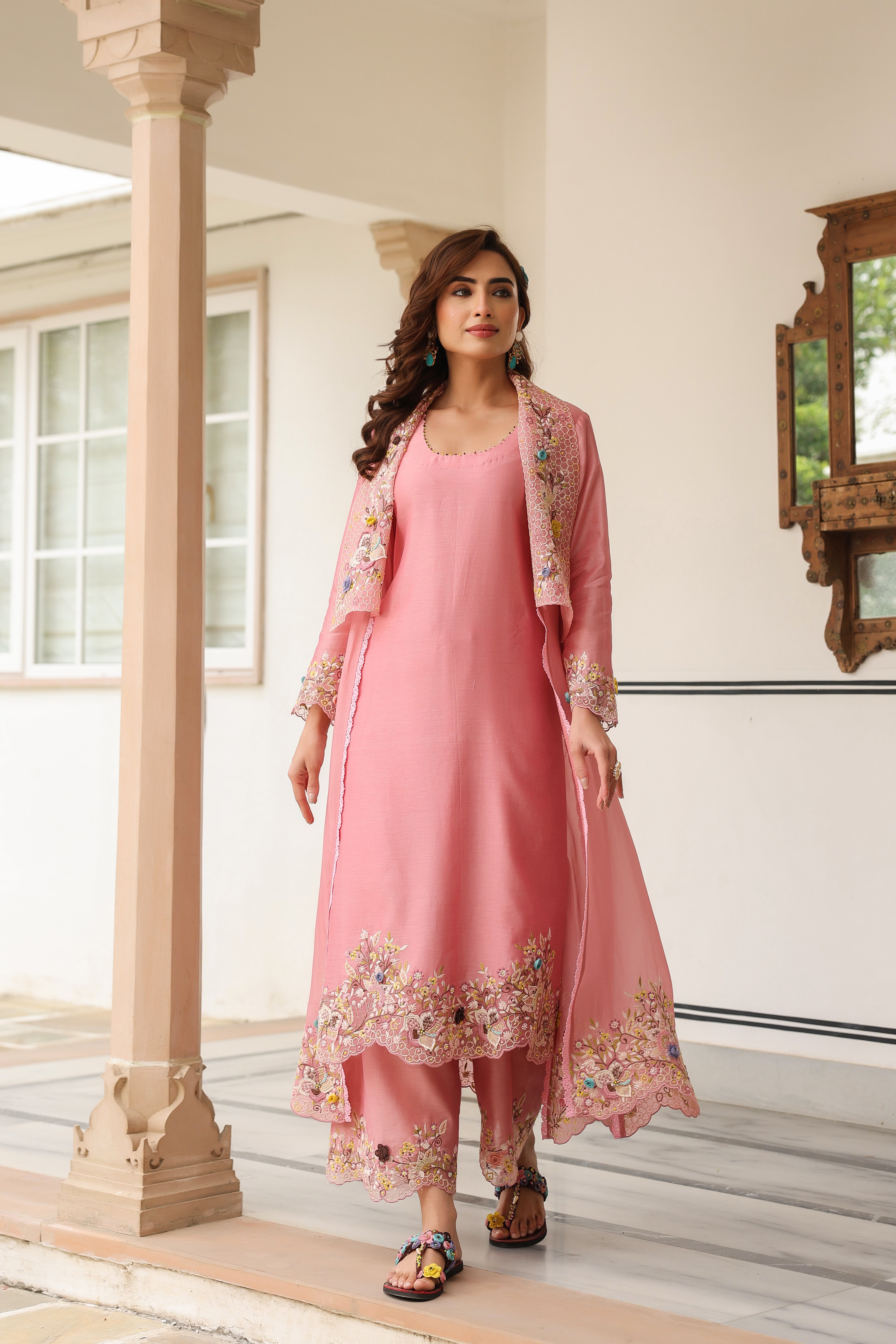 Pink Heavy Jacket Style Reet Kurta Set