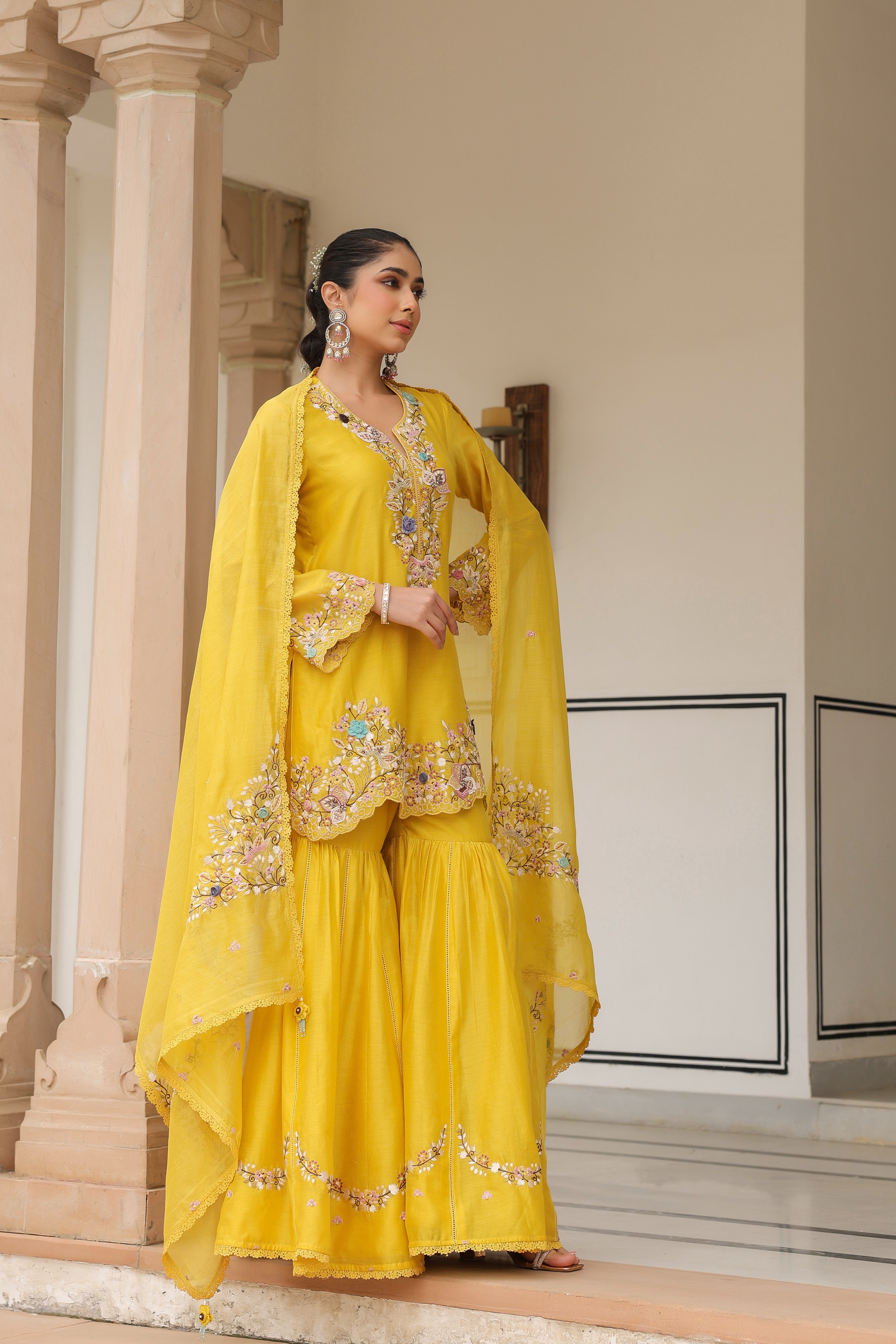 Yellow Scallop Hem Reet Gharara Set