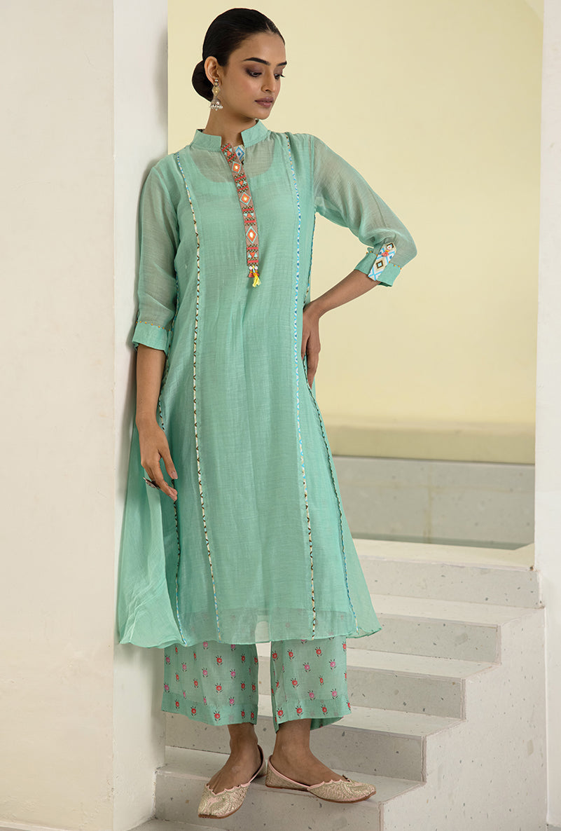 Sea Green Collar A-line Reyah Kurta Set