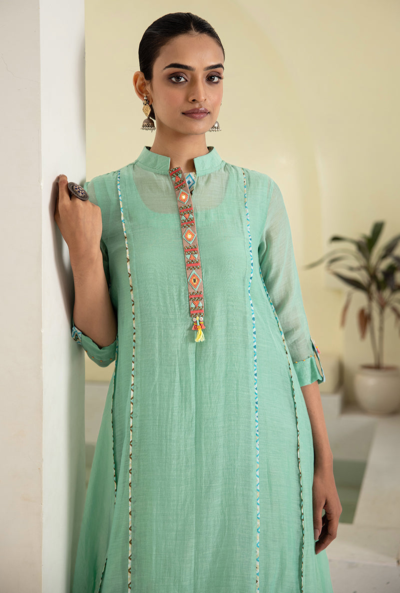 Sea Green Collar A-line Reyah Kurta Set