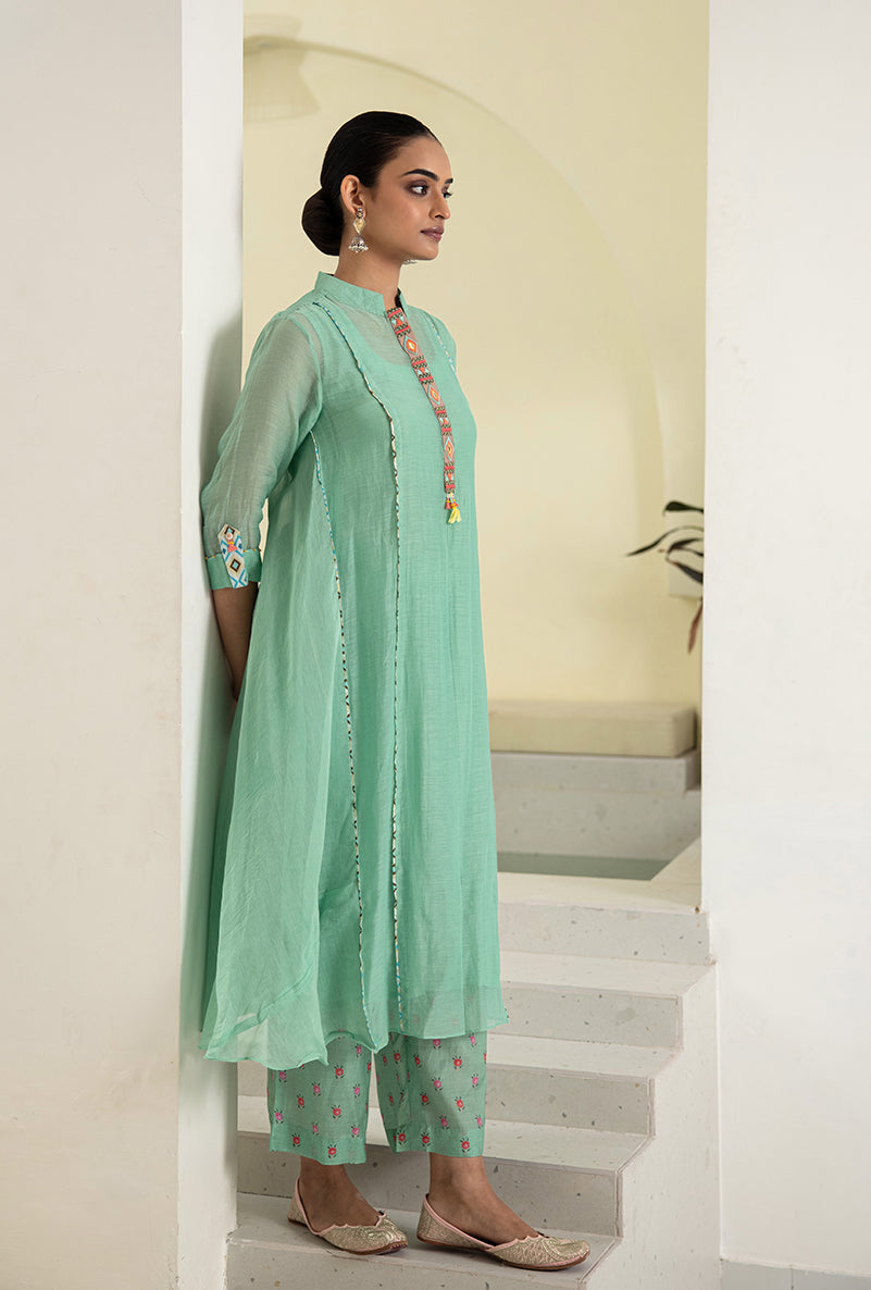 Sea Green Collar A-line Reyah Kurta Set