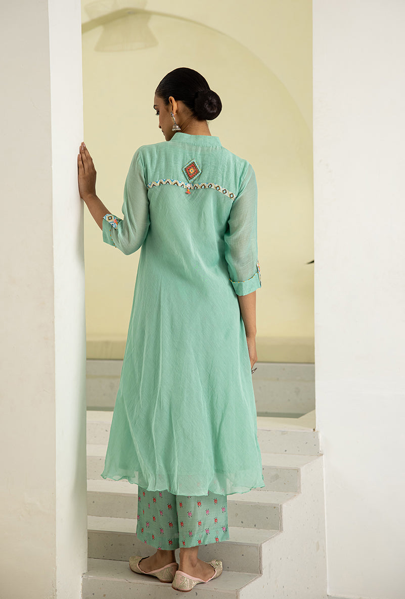 Sea Green Collar A-line Reyah Kurta Set