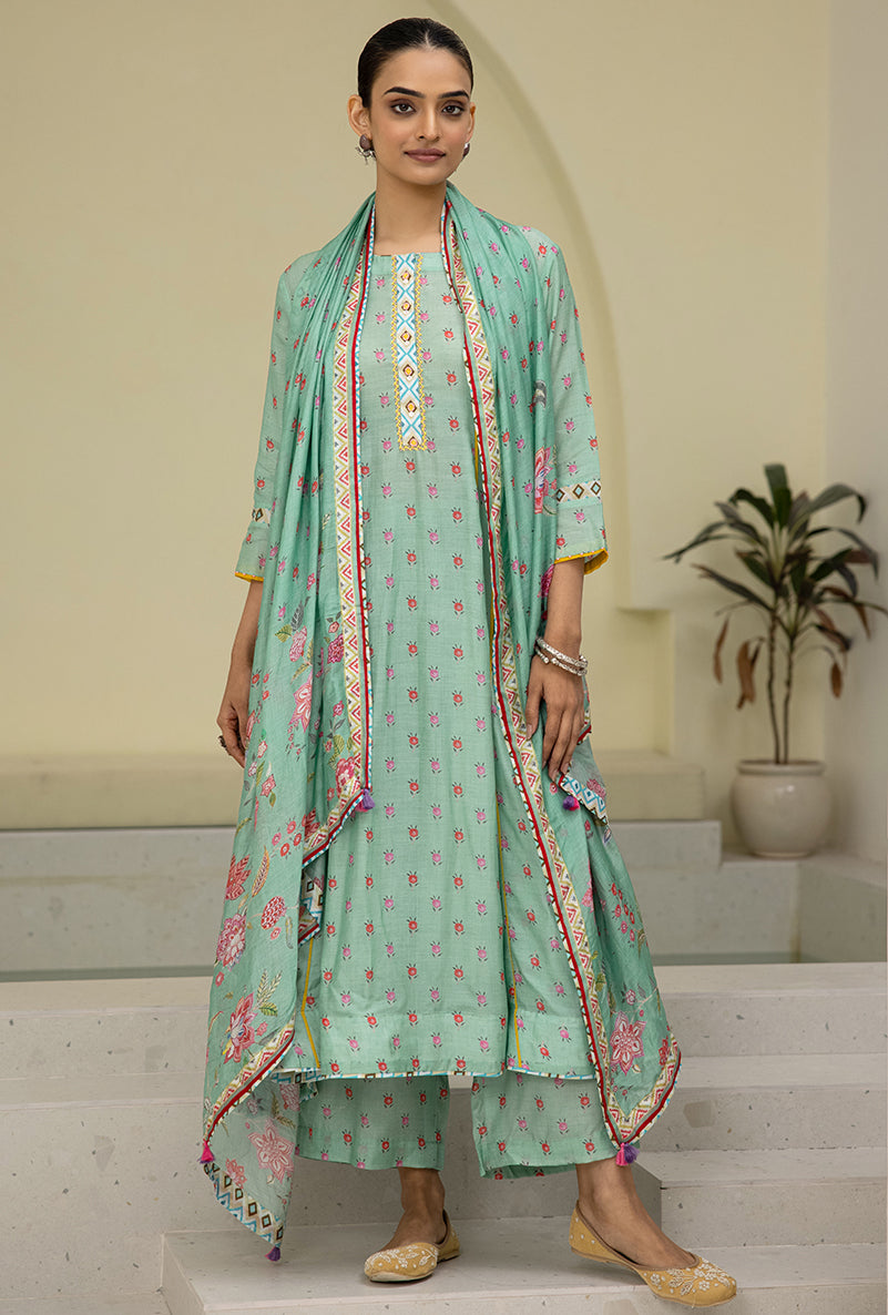 Keerthy Suresh in Sea Green Printed A-line Reyah Kurta Set