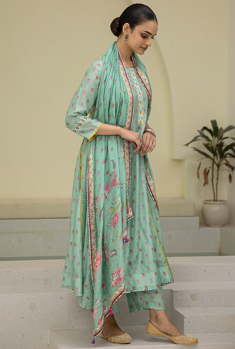 Sea Green Printed A-line Reyah Kurta Set