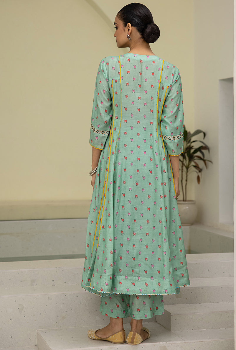 Sea Green Printed A-line Reyah Kurta Set