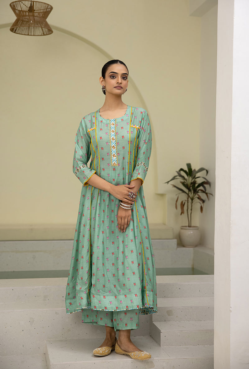 Sea Green Printed A-line Reyah Kurta Set