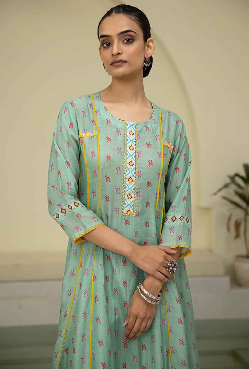 Sea Green Printed A-line Reyah Kurta Set