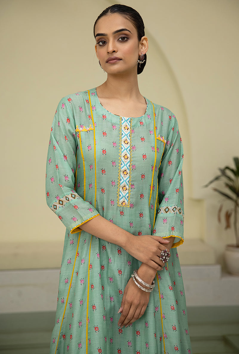 Eka Lakhani in Sea Green Printed A-line Reyah Kurta Set