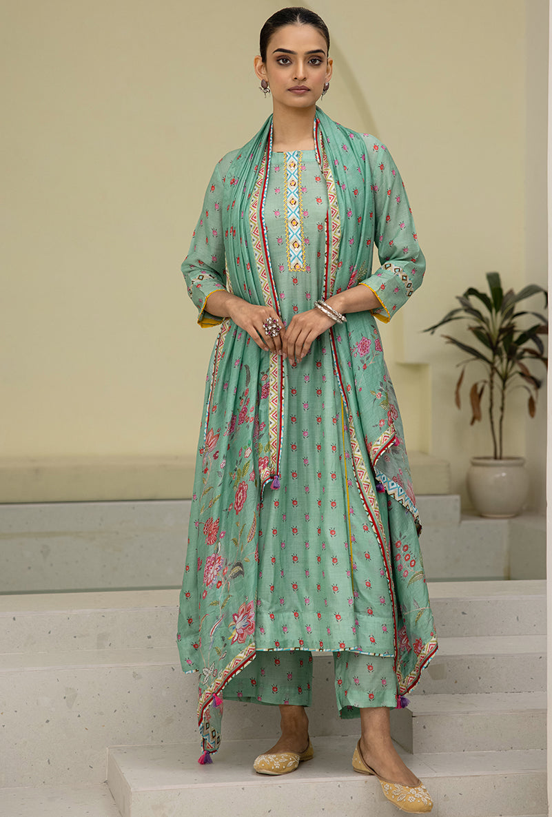 Sea Green Printed A-line Reyah Kurta Set