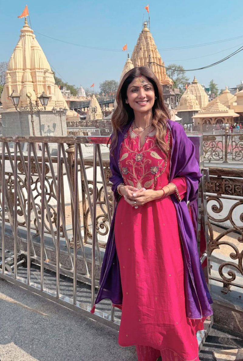 Shilpa Shetty In Rani Pink Cheent Embroidered Long Yoke Style Shaheen Kurta Set