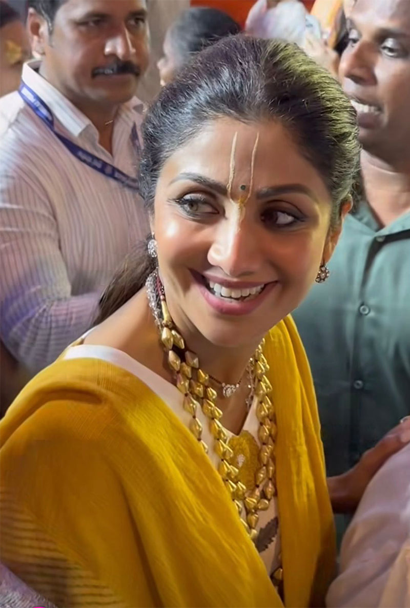 Shilpa Shetty In Yellow And White Block Printed Marigold Sharara Set