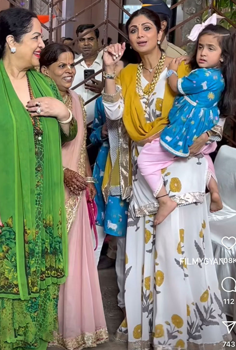 Shilpa Shetty In Yellow And White Block Printed Marigold Sharara Set