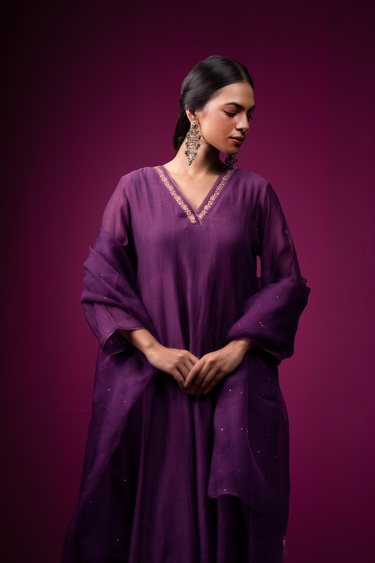 Deep Plum Embroidered V-Neck Raas Kurta Set
