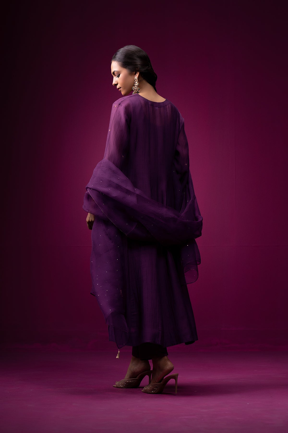 Deep Plum Embroidered V-Neck Raas Kurta Set