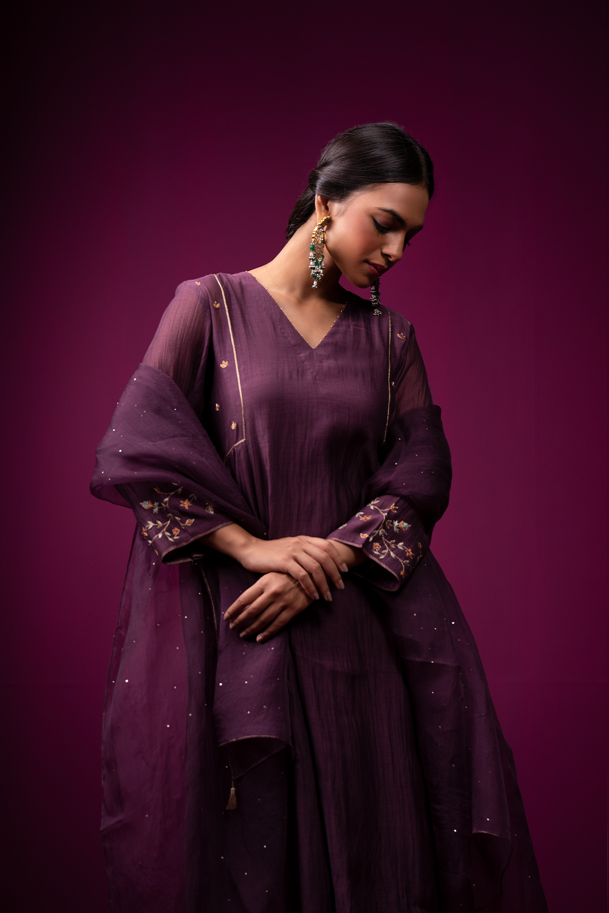 Deep Plum Embrodeired Sleeves Raas Kurta Set