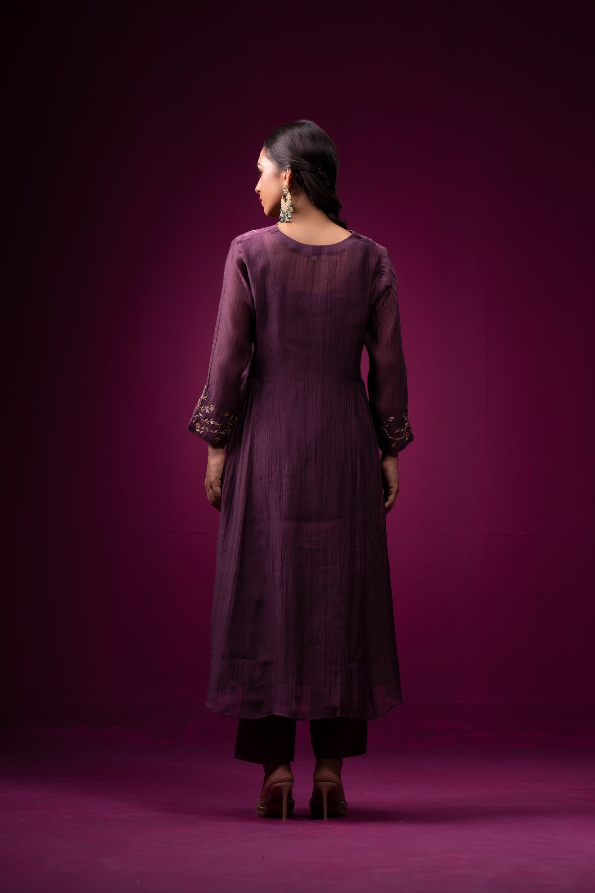 Deep Plum Embrodeired Sleeves Raas Kurta Set