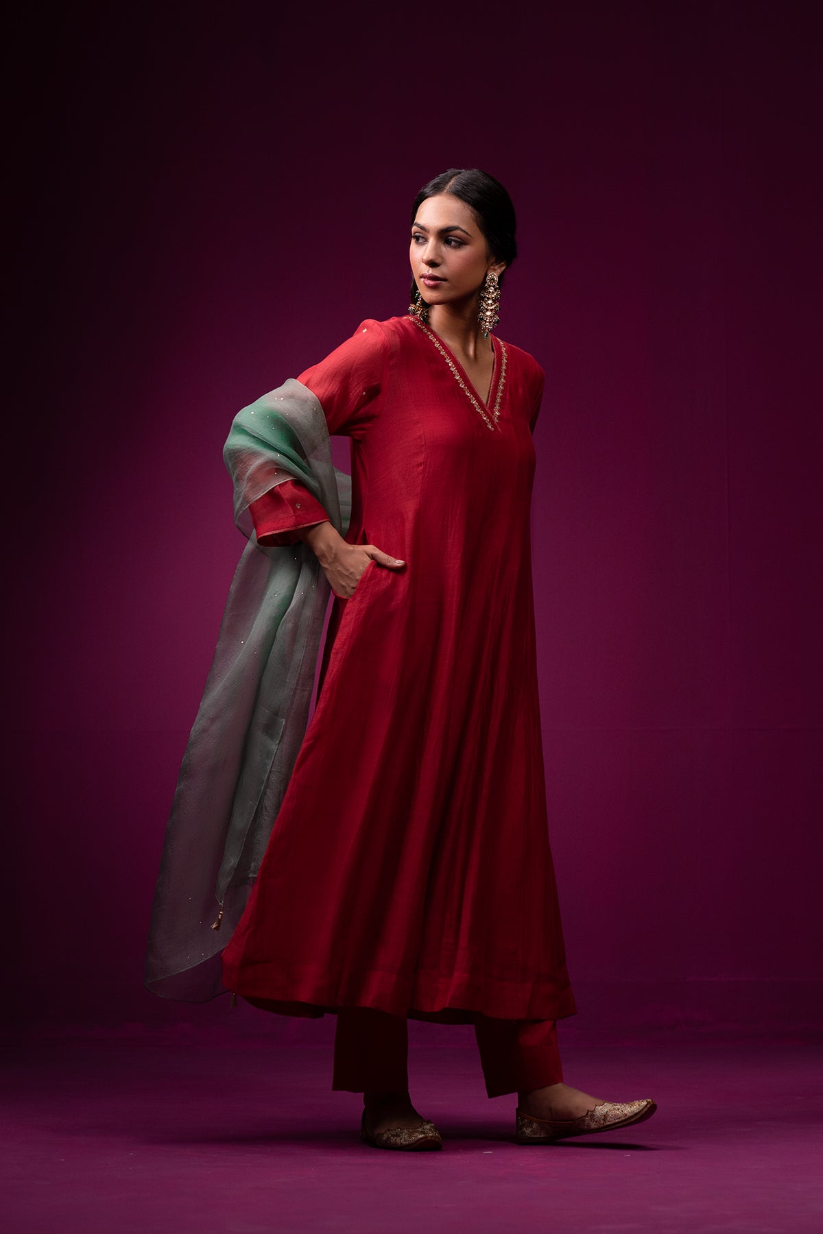 Red V-Neck Raas Kurta Set
