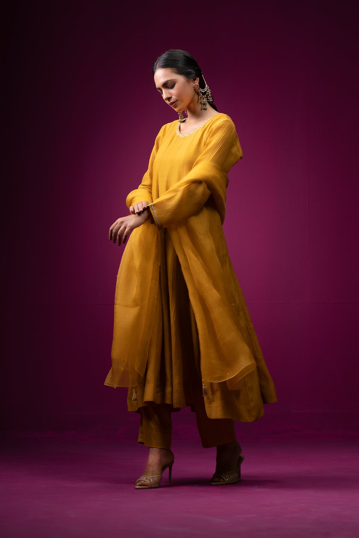 Mustard Yellow Hand Embroidered Raas Anarkali Set