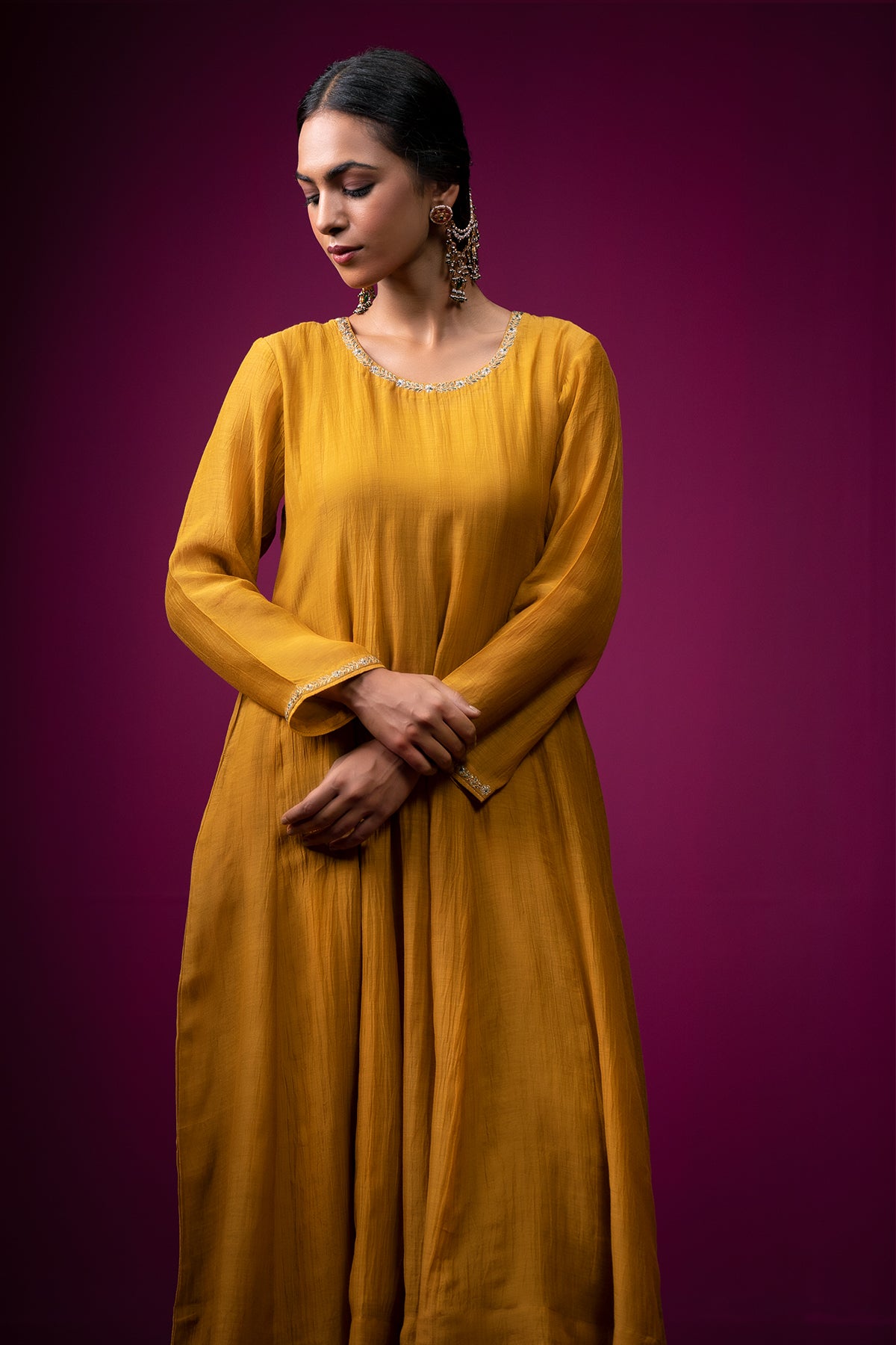 Mustard Yellow Hand Embroidered Raas Anarkali Set