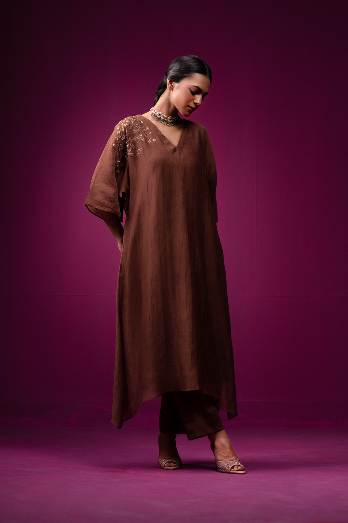 Brown Embroidered Shoulder Anti Fit Raas Kaftan Set