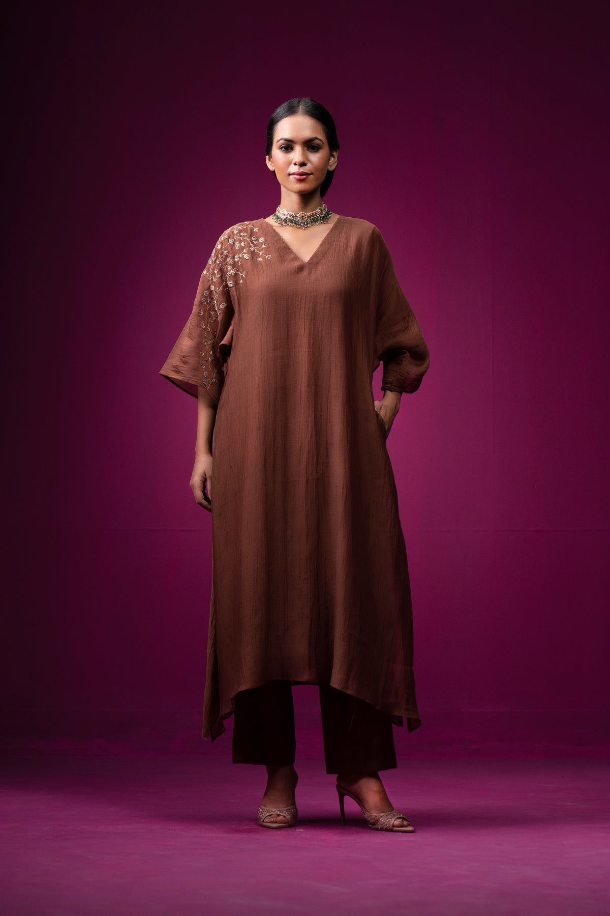 Brown Embroidered Shoulder Anti Fit Raas Kaftan Set