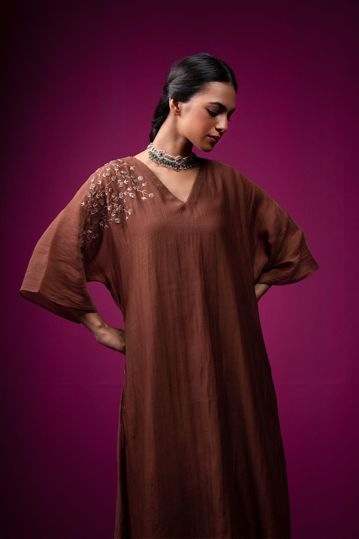 Brown Embroidered Shoulder Anti Fit Raas Kaftan Set
