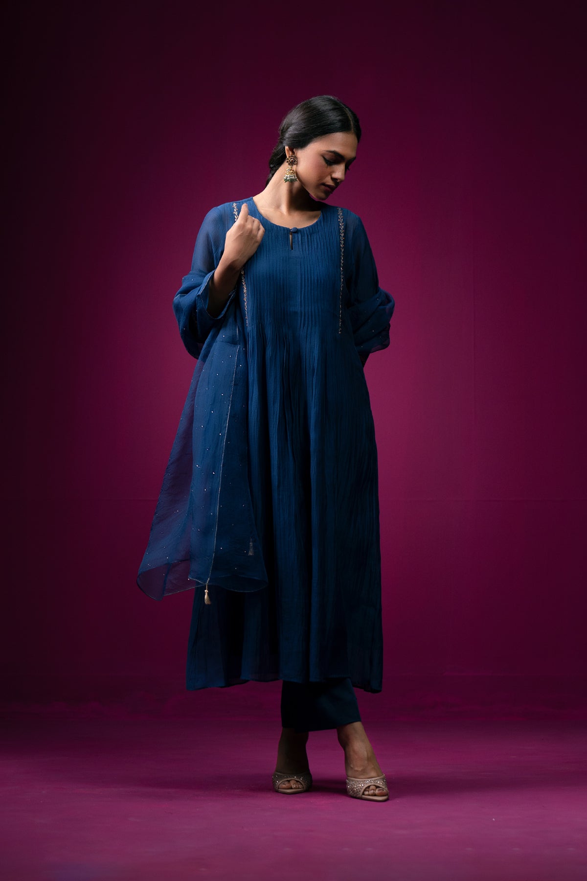 Navy Blue Embrodeired Front Gather Raas Kurta Set