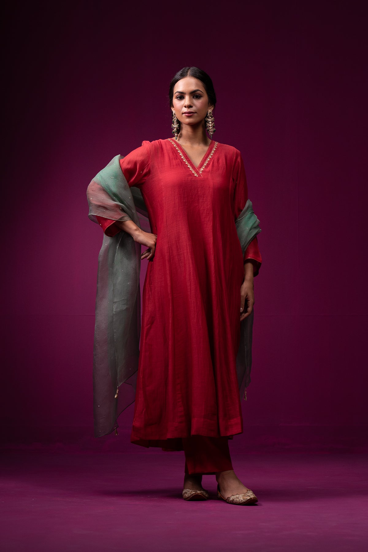 Red V-Neck Raas Kurta Set
