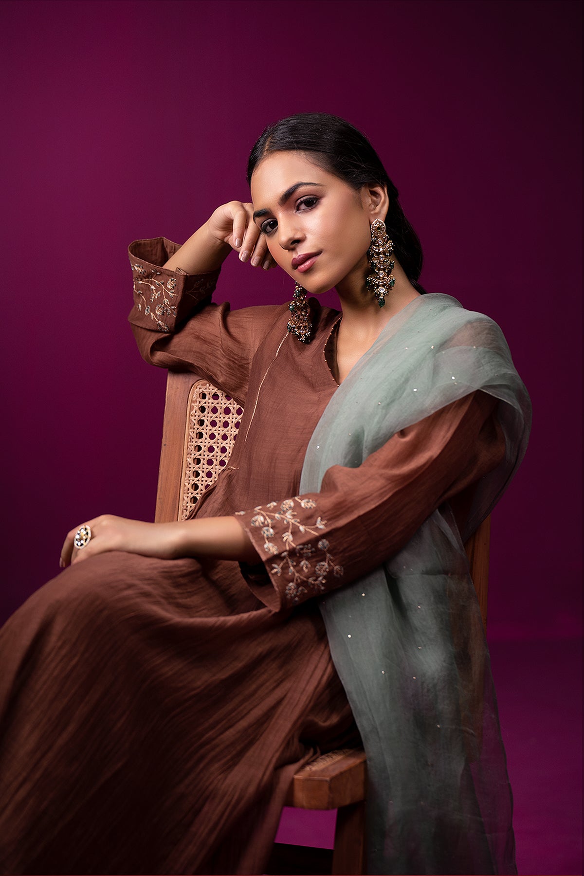 Brown Side Gather Raas Kurta Set