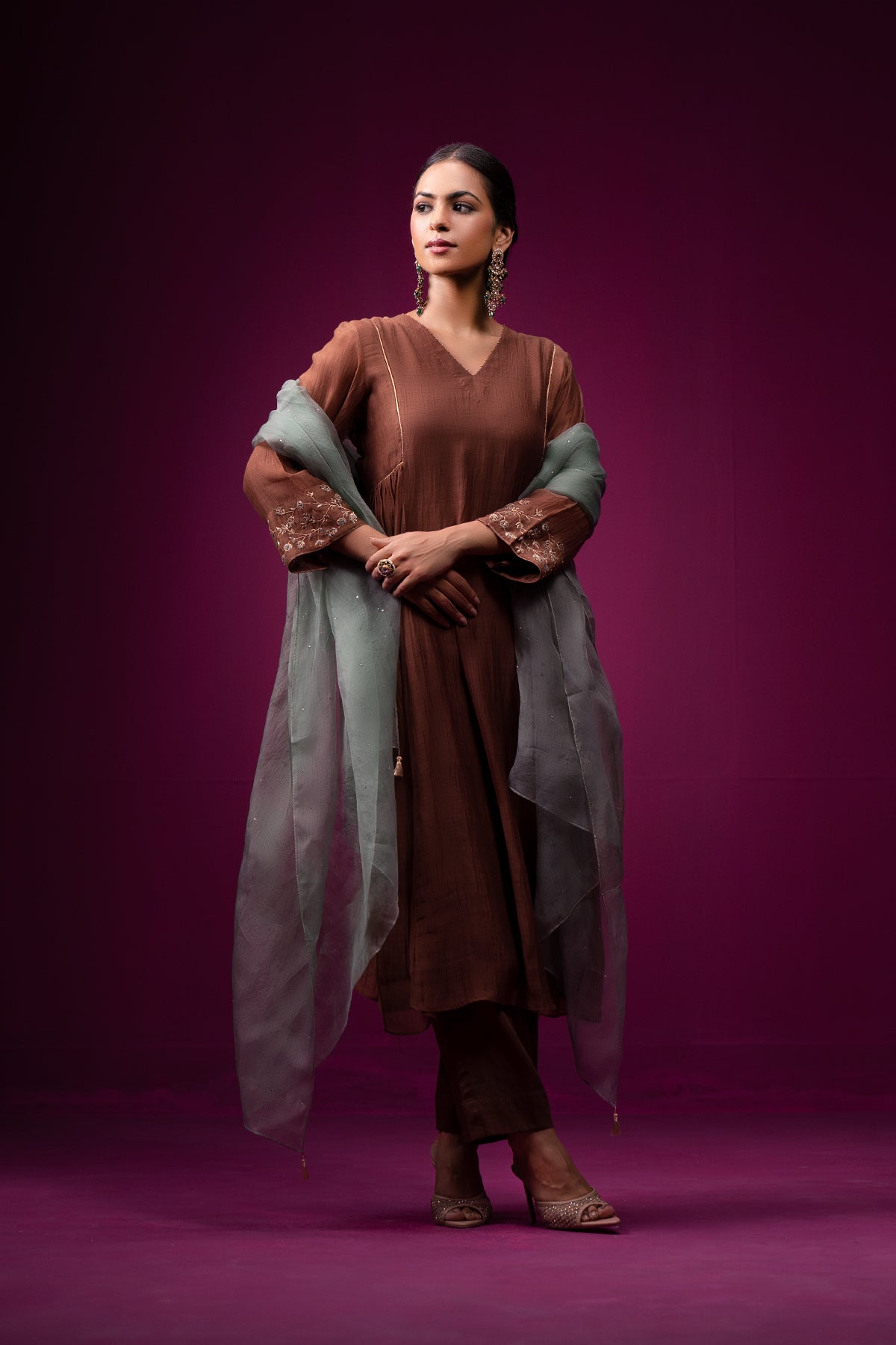 Brown Side Gather Raas Kurta Set