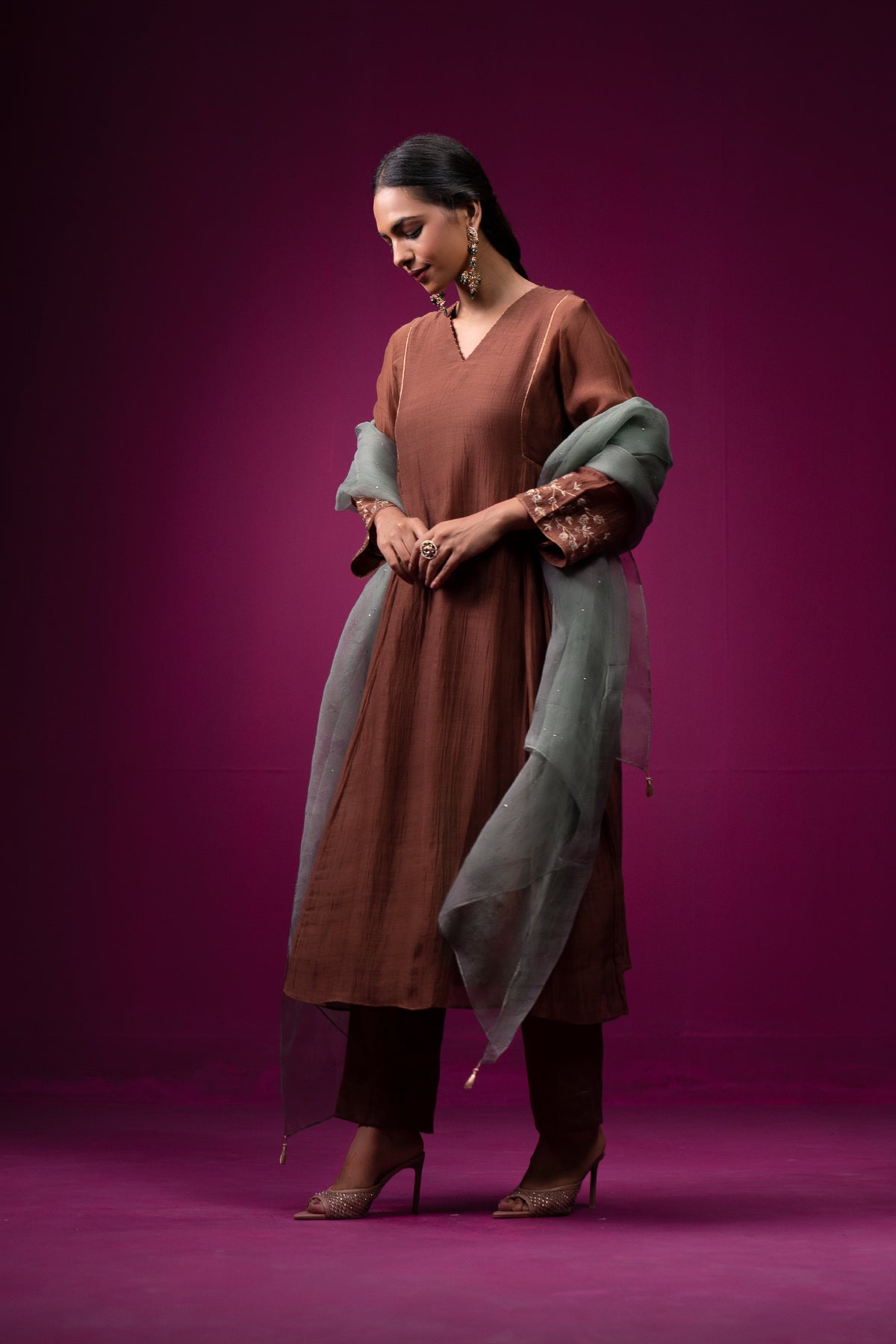 Brown Side Gather Raas Kurta Set