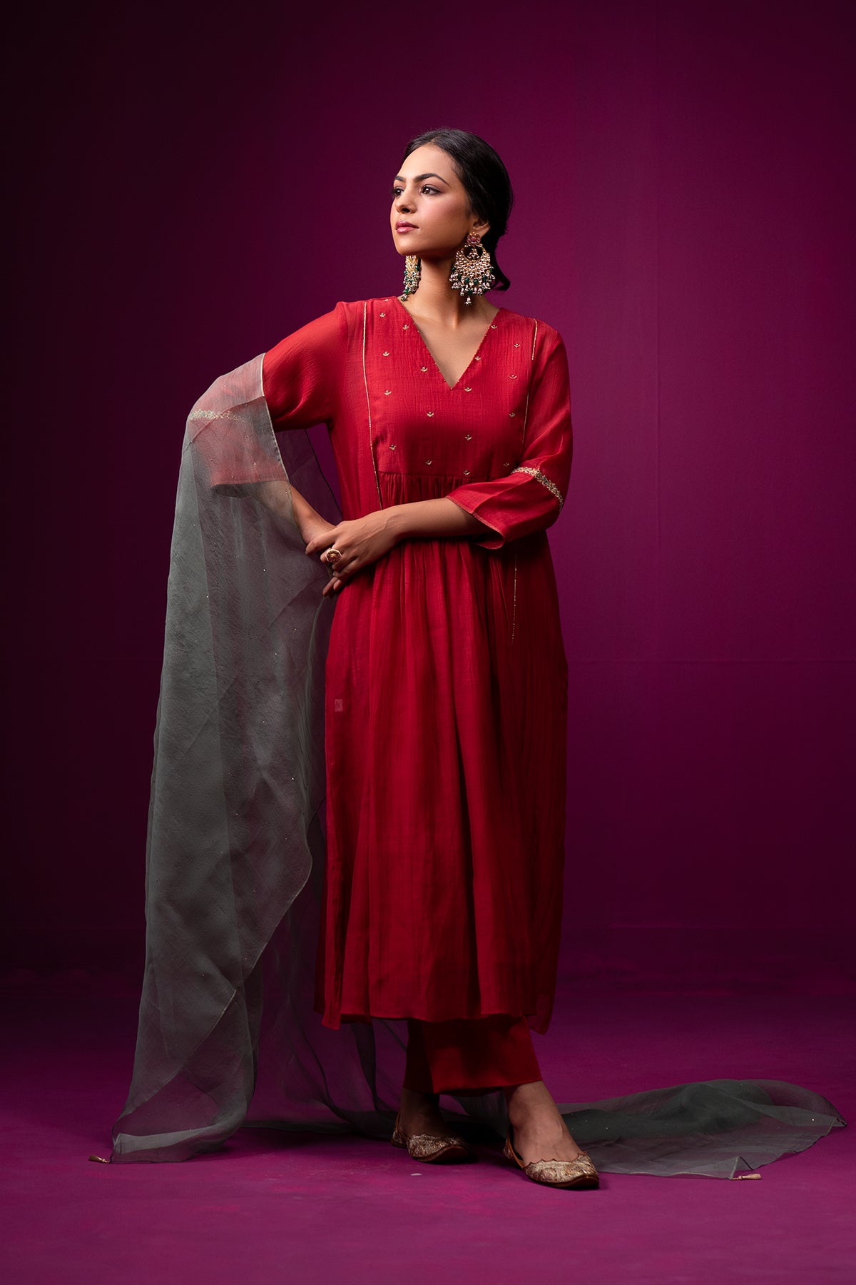 Red Front Gather Raas Kurta Set