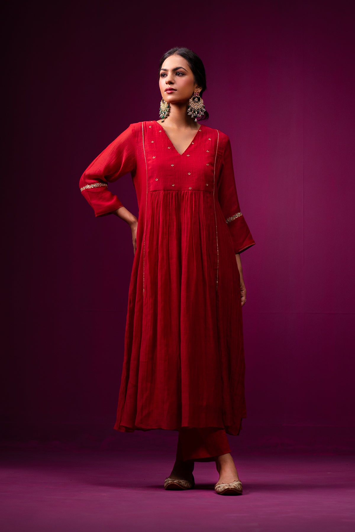 Red Front Gather Raas Kurta Set
