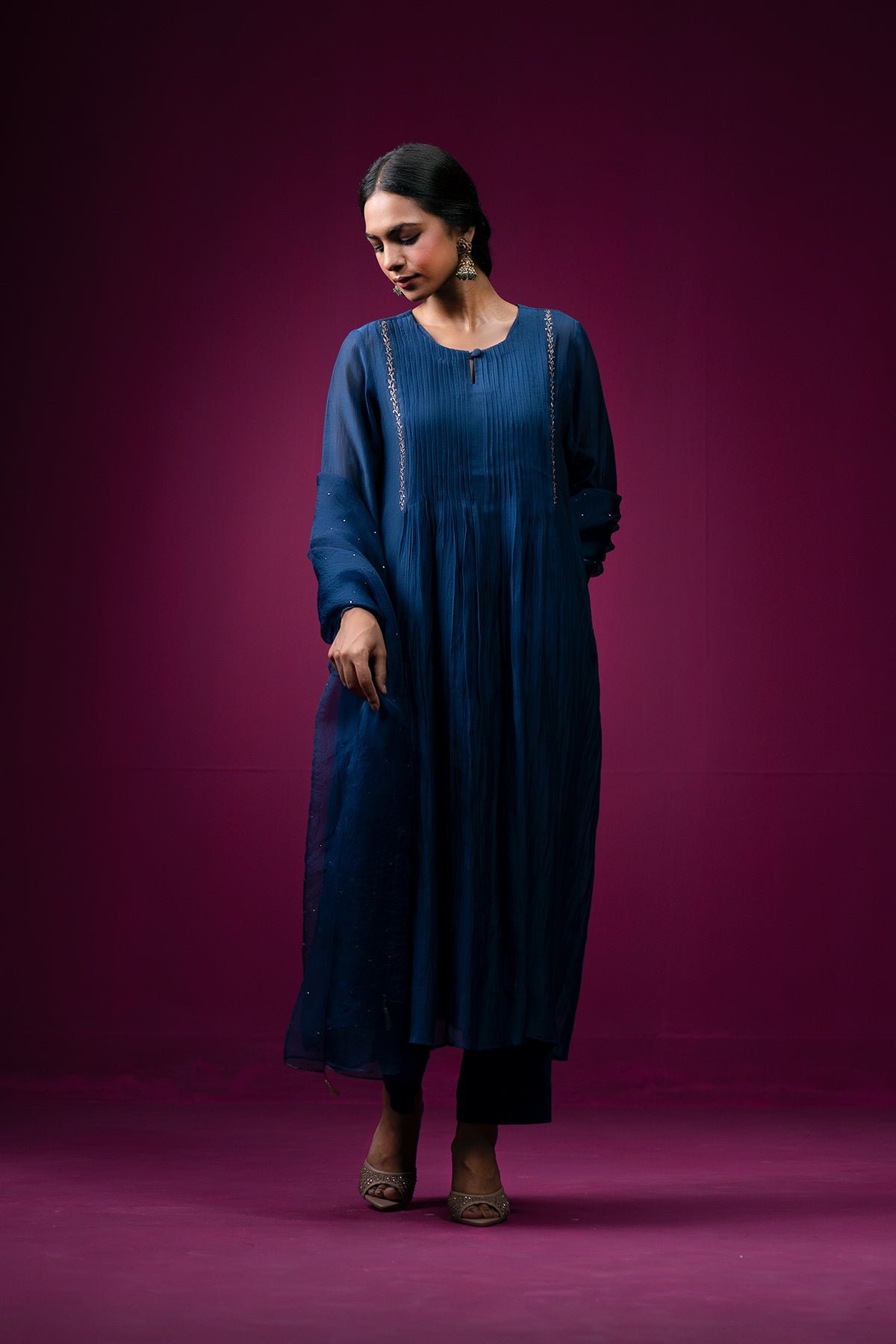 Navy Blue Embrodeired Front Gather Raas Kurta Set