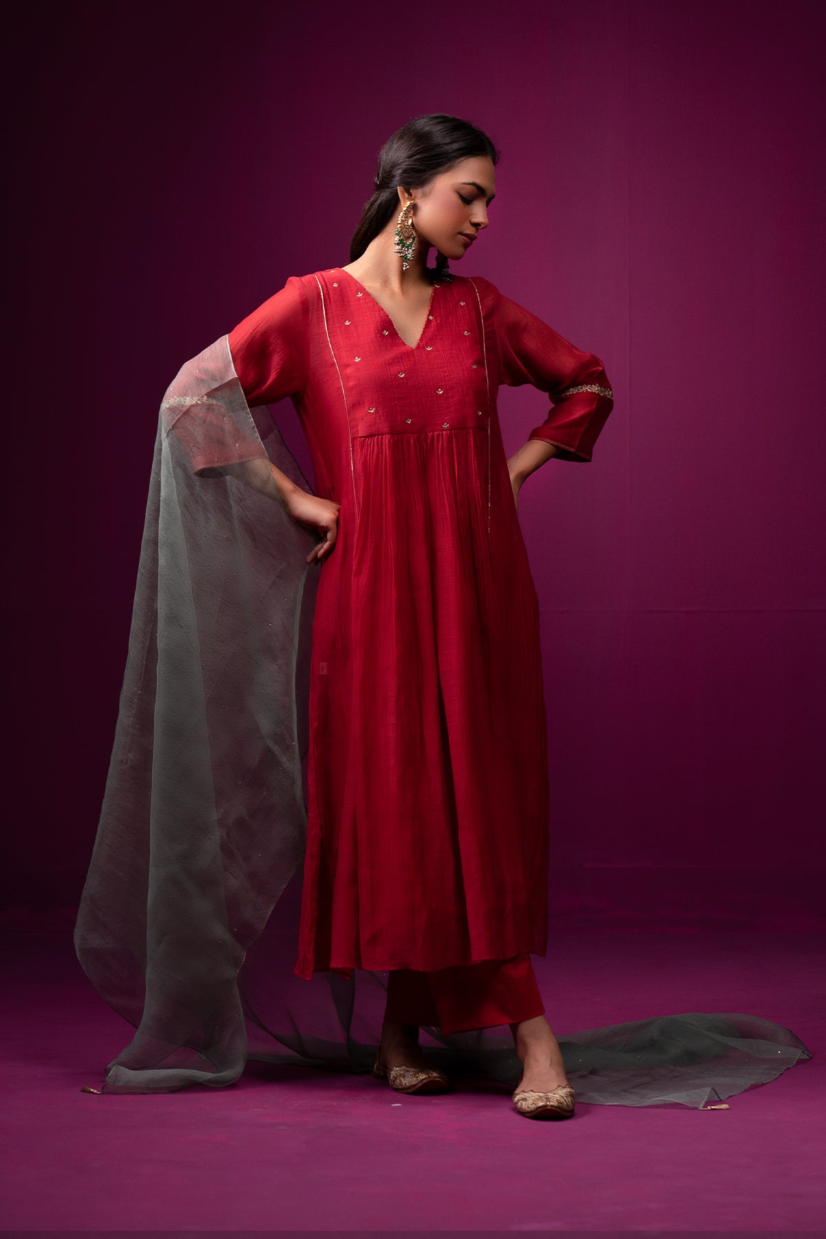 Red Front Gather Raas Kurta Set