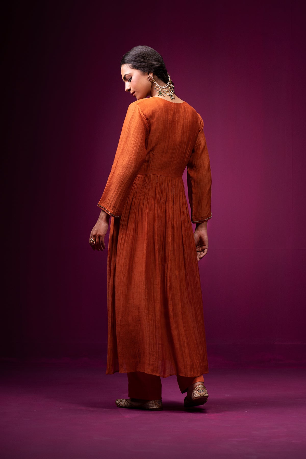 Burnt Orange Open Front Yoke Raas Kurta Set