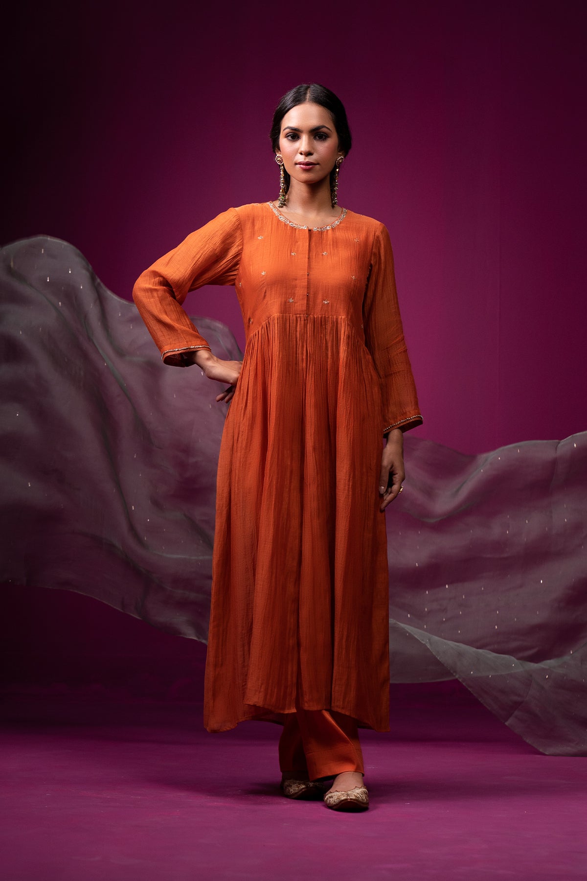 Burnt Orange Open Front Yoke Raas Kurta Set