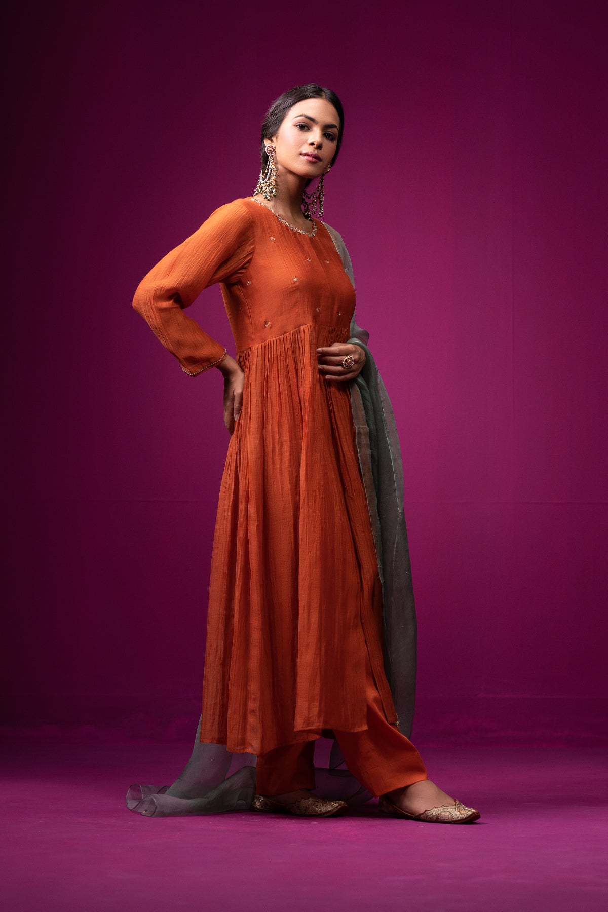 Burnt Orange Open Front Yoke Raas Kurta Set