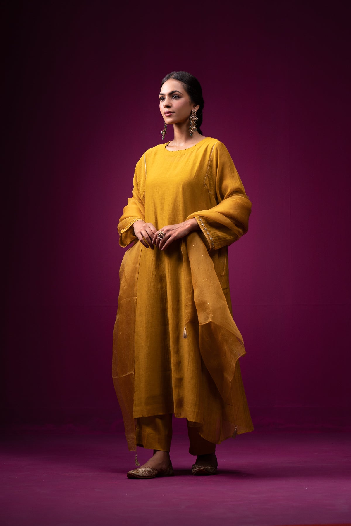 Yellow Hand Embroidered Raas Kaftan Set