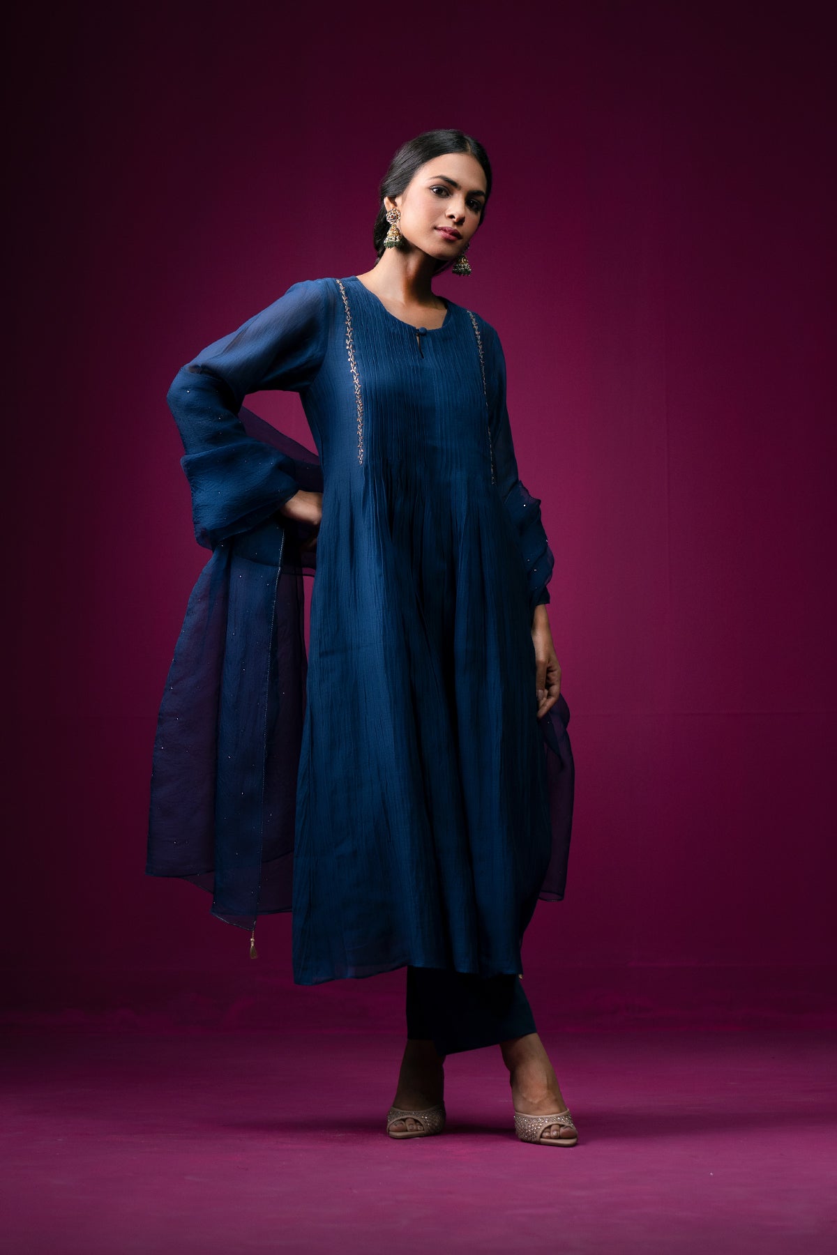 Navy Blue Embrodeired Front Gather Raas Kurta Set