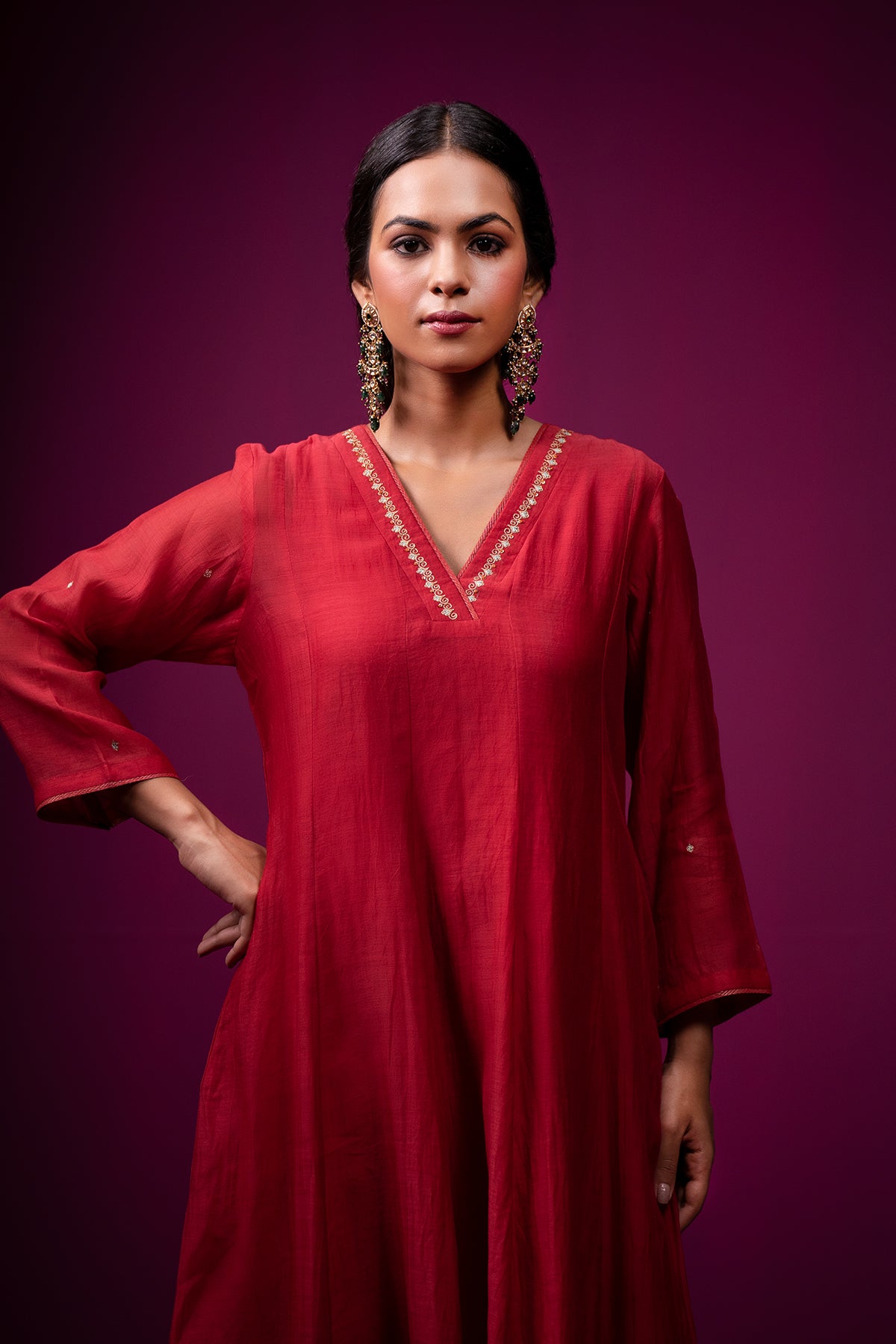 Red V-Neck Raas Kurta Set