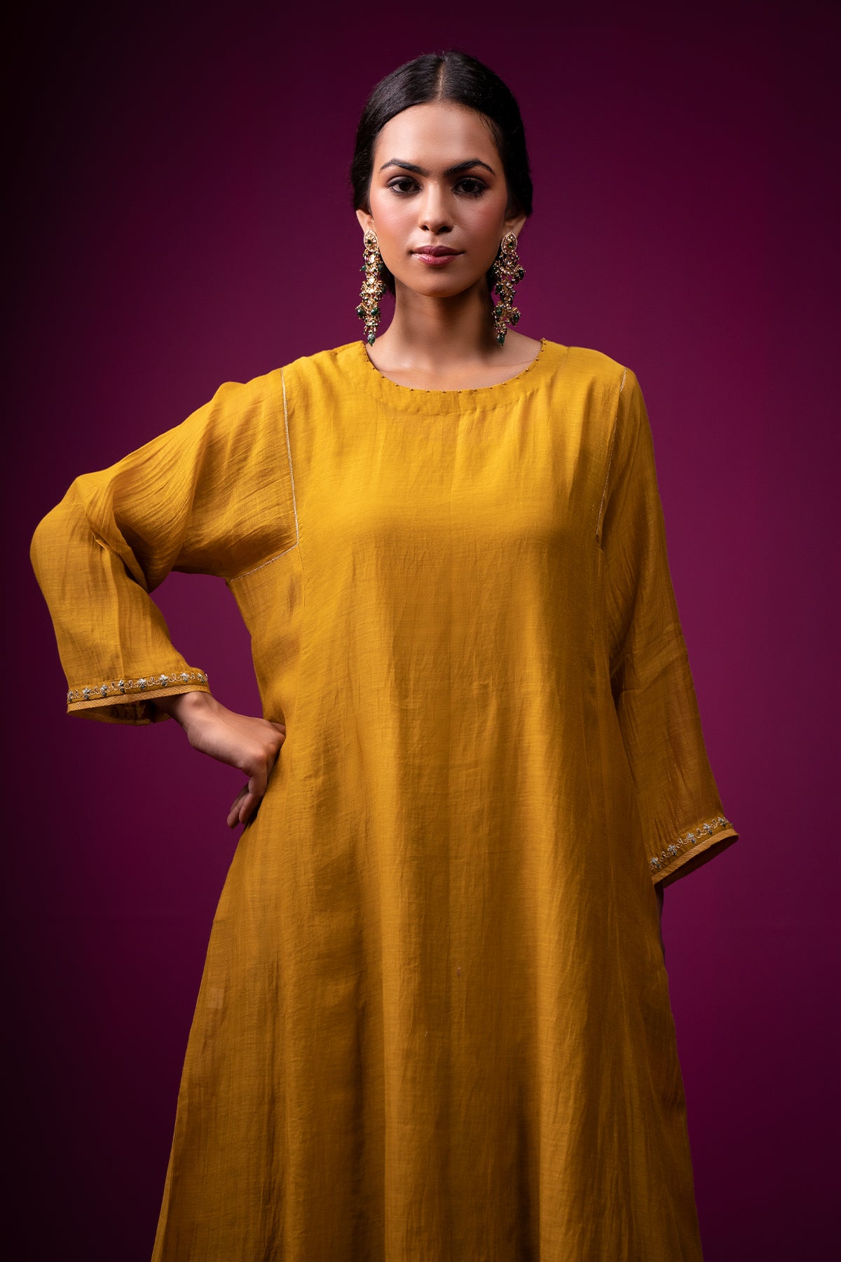 Yellow Hand Embroidered Raas Kaftan Set