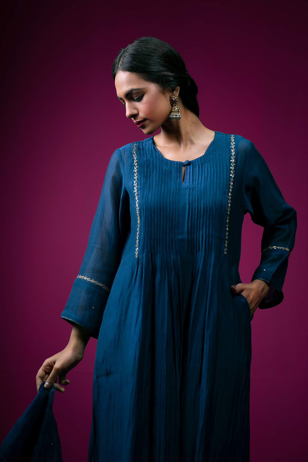 Navy Blue Embrodeired Front Gather Raas Kurta Set