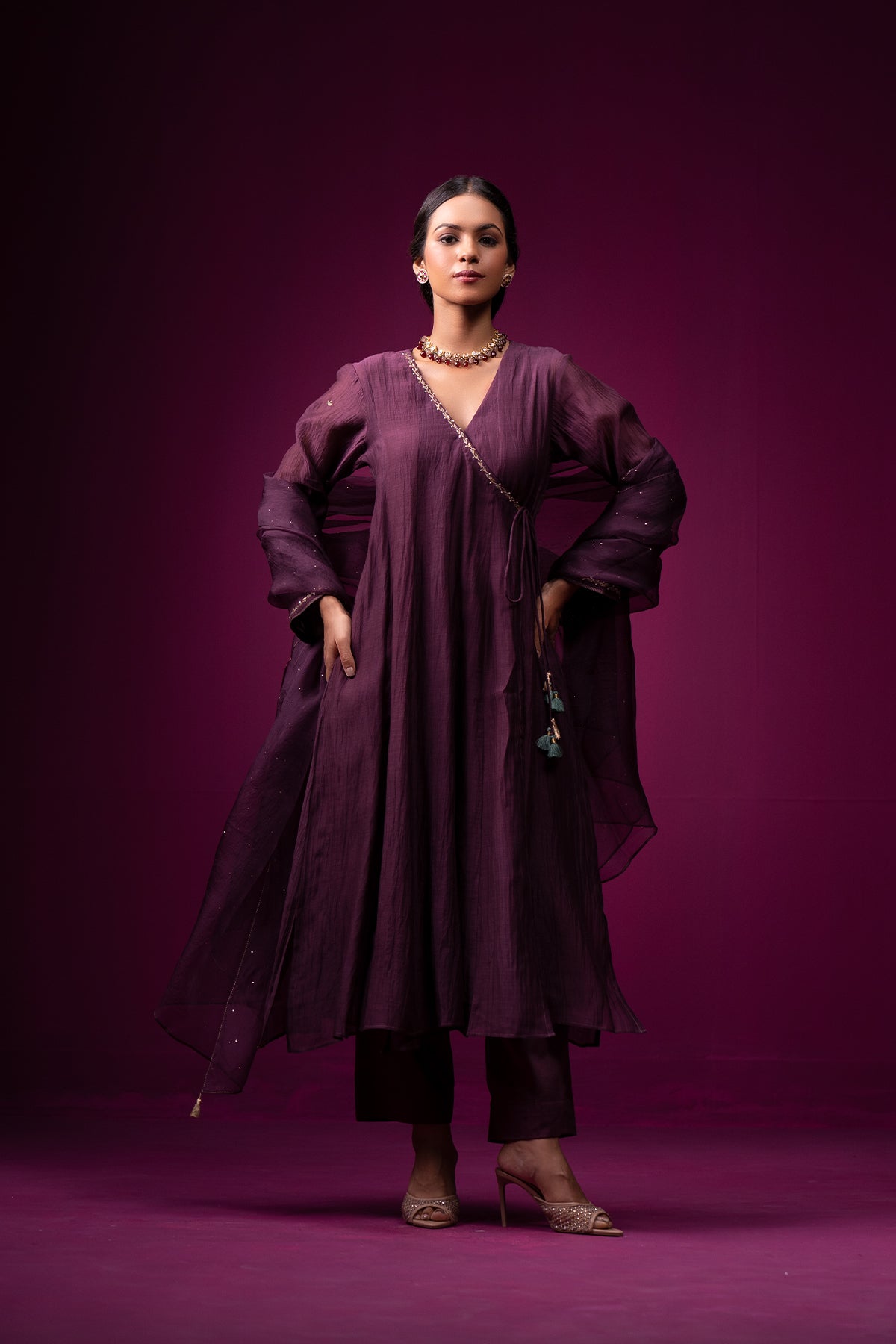 Deep Plum Embroidered Angrakha Raas Kurta Set