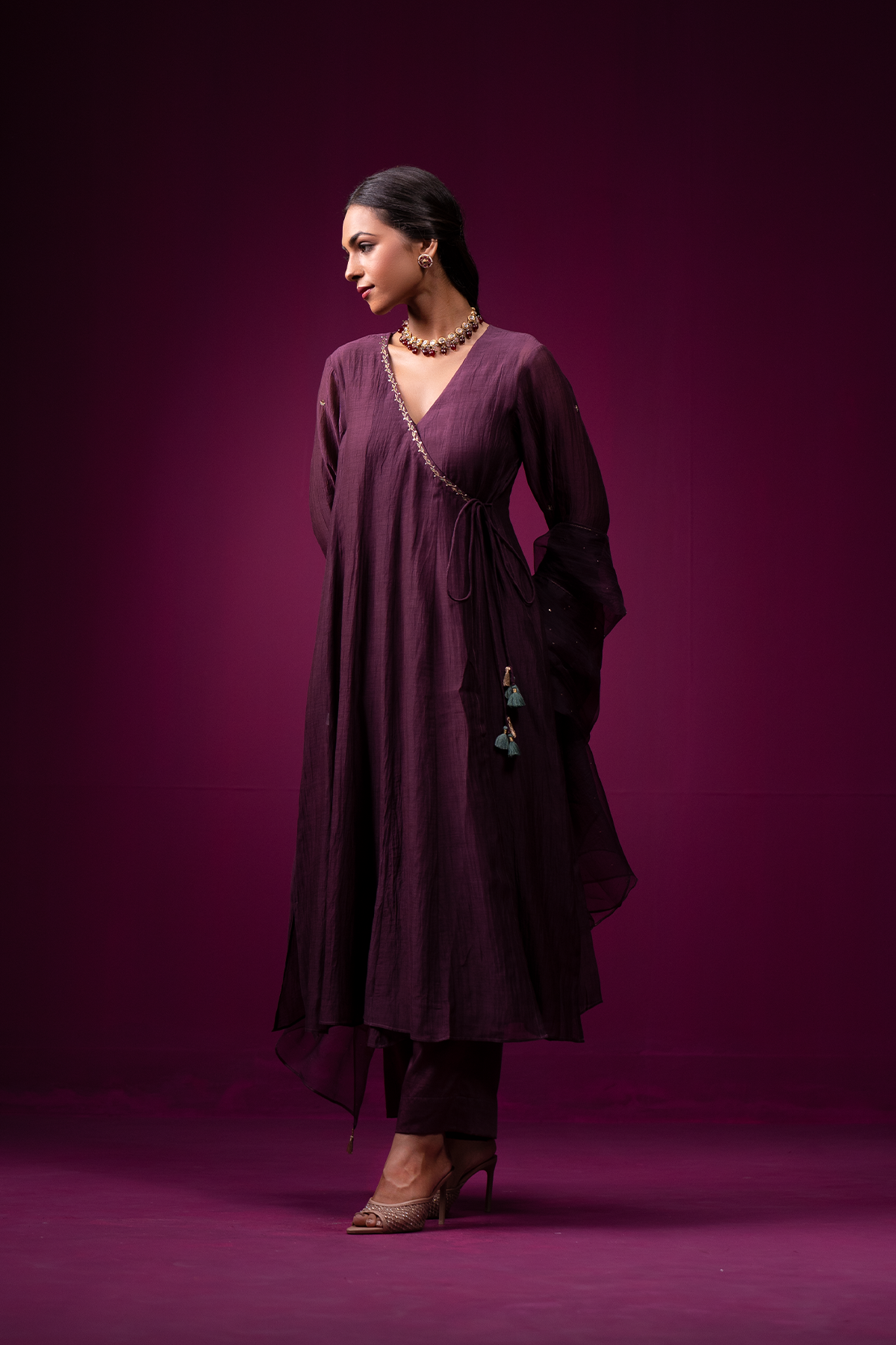 Deep Plum Embroidered Angrakha Raas Kurta Set