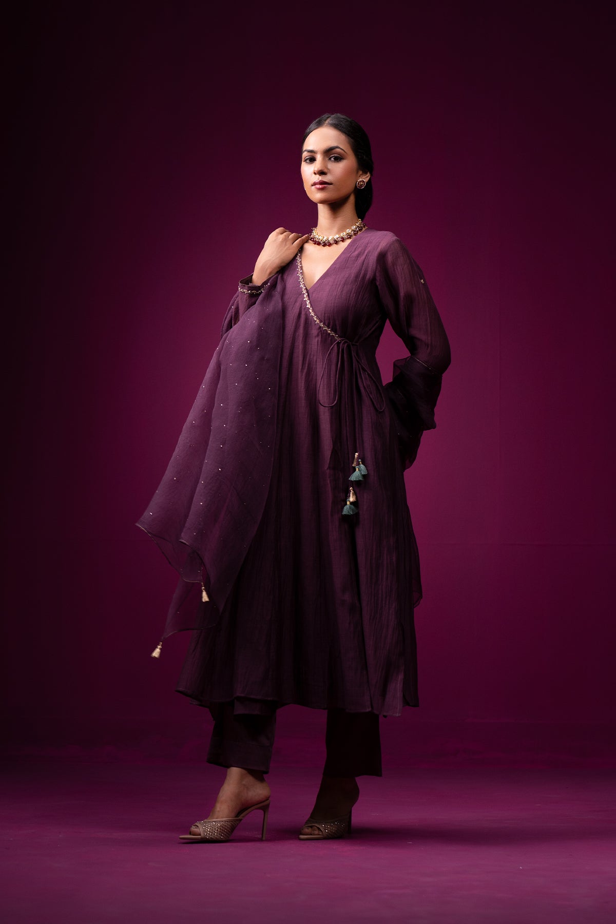 Deep Plum Embroidered Angrakha Raas Kurta Set
