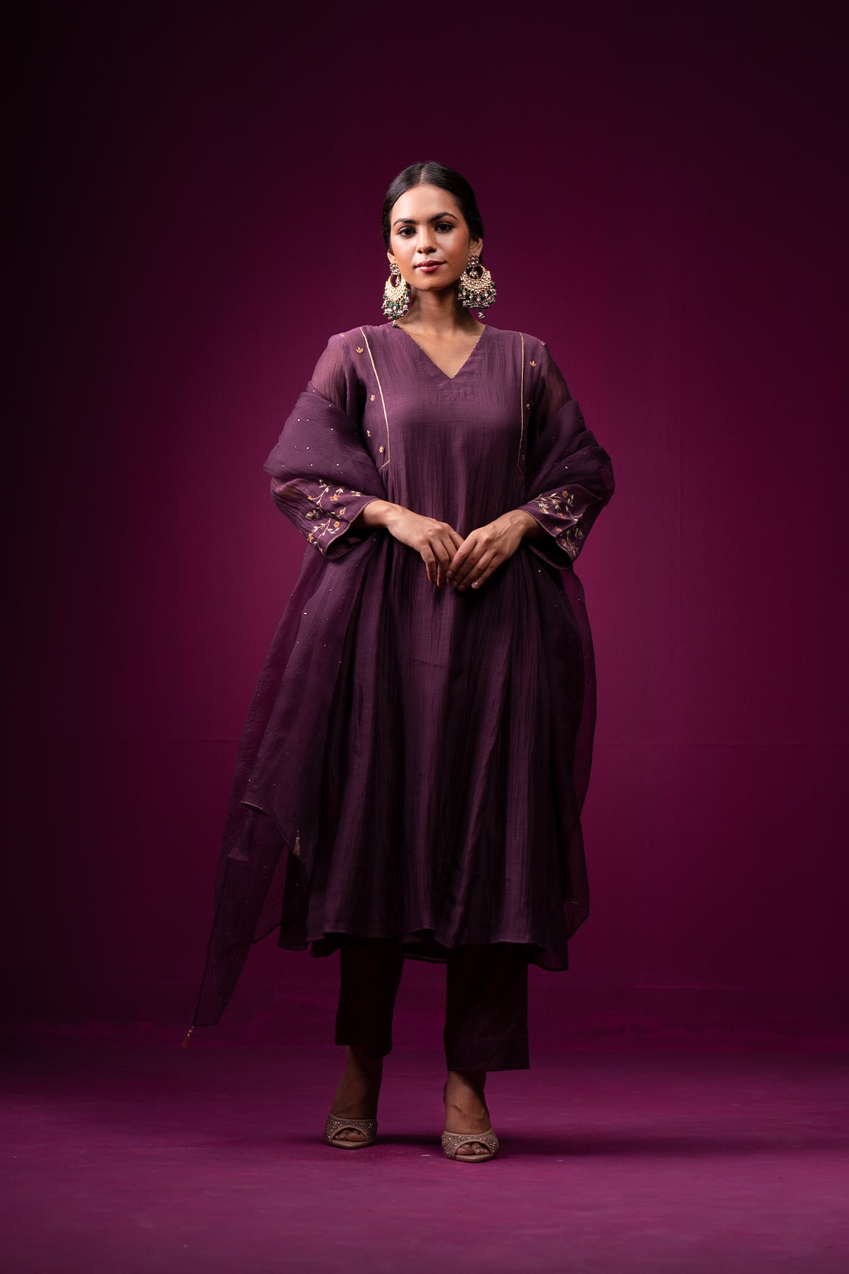 Deep Plum Embrodeired Sleeves Raas Kurta Set