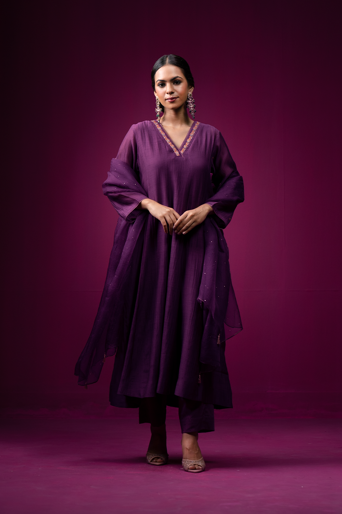 Deep Plum Embroidered V-Neck Raas Kurta Set