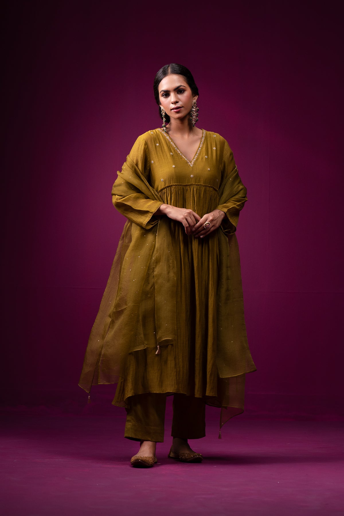 Olive Green Embroidered Front Gather Raas Kurta Set